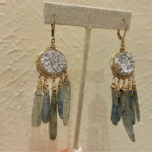 Amanda Sterrett Dangle Statement Earrings Gold wire wrapped blue stones silver